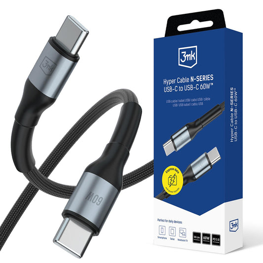 USB-C-tietojen ja latauskaapeli - USB-C 3MK Hyper N, 60W, 0,5 m, musta