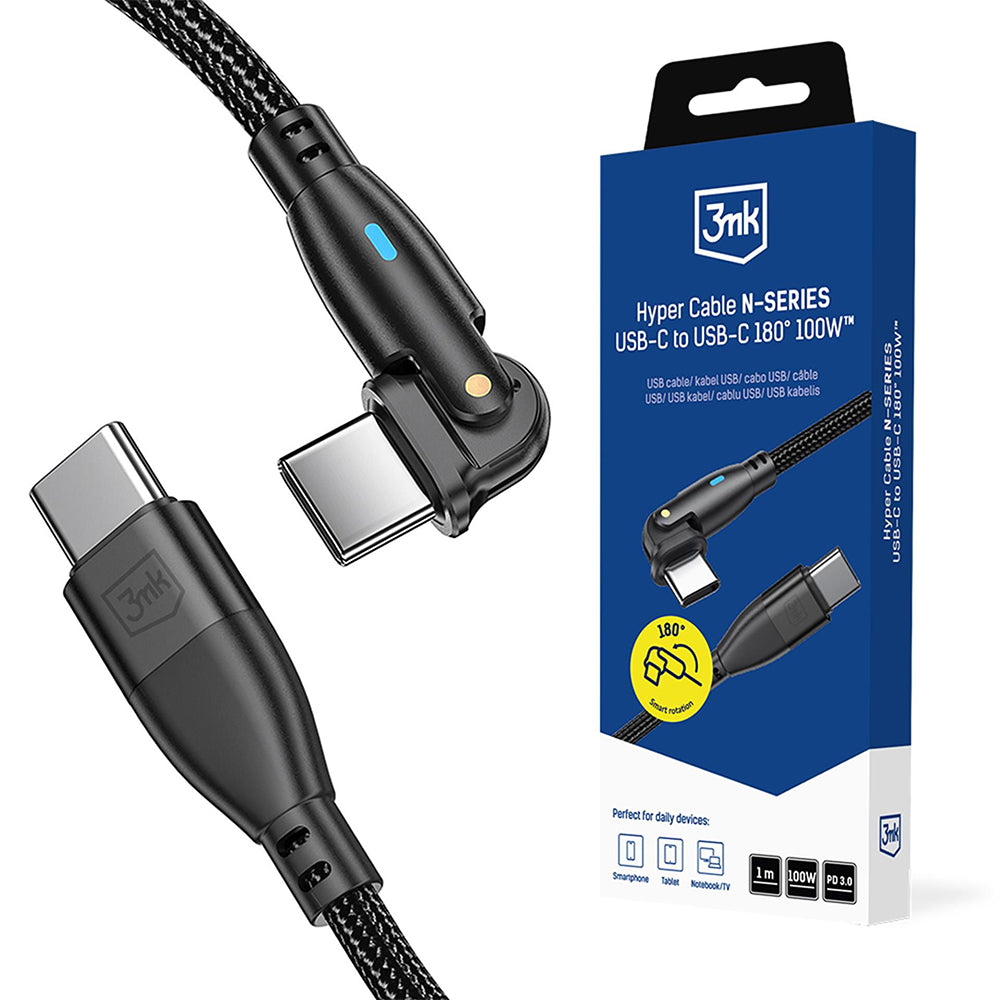 USB-C-tietojen ja latauskaapeli - USB-C 3MK Hyper N Kulmikas, 100W, 1m, Musta