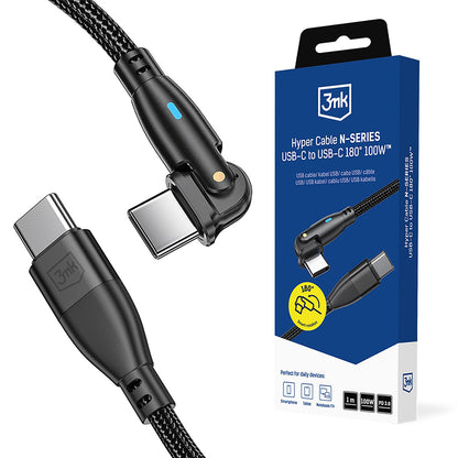 USB-C-tietojen ja latauskaapeli - USB-C 3MK Hyper N Kulmikas, 100W, 1m, Musta
