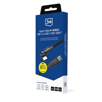 USB-C-tietojen ja latauskaapeli - USB-C 3MK Hyper N Kulmikas, 100W, 1m, Musta