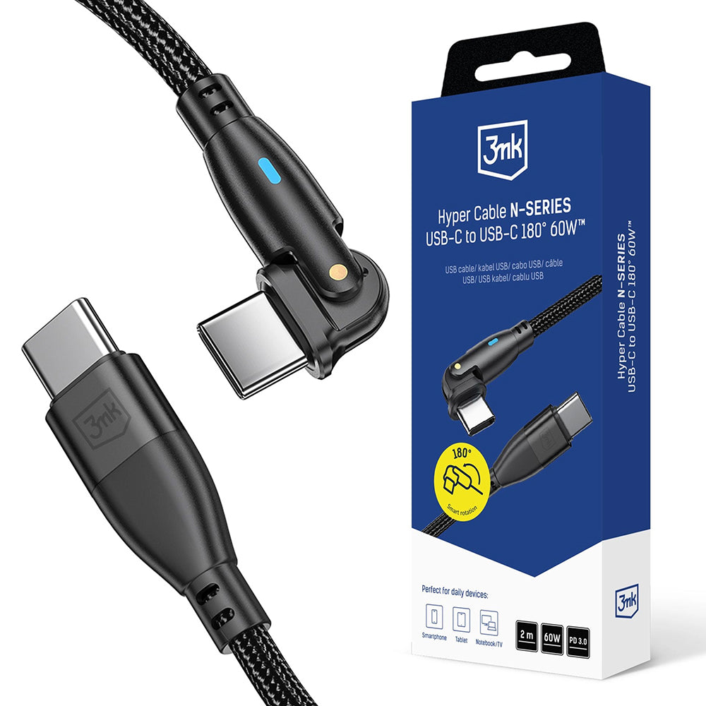 USB-C - USB-C 3MK Hyper N Angled -data- ja latauskaapeli, 60W, 2m, Musta