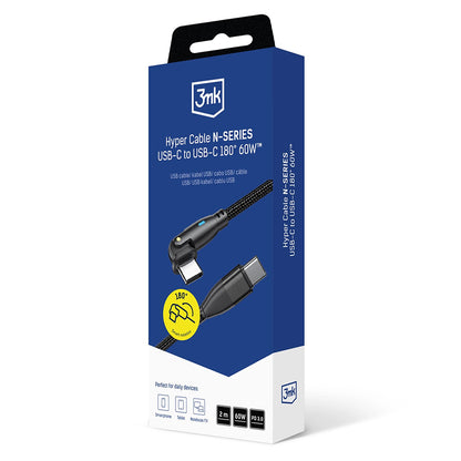 USB-C - USB-C 3MK Hyper N Angled -data- ja latauskaapeli, 60W, 2m, Musta