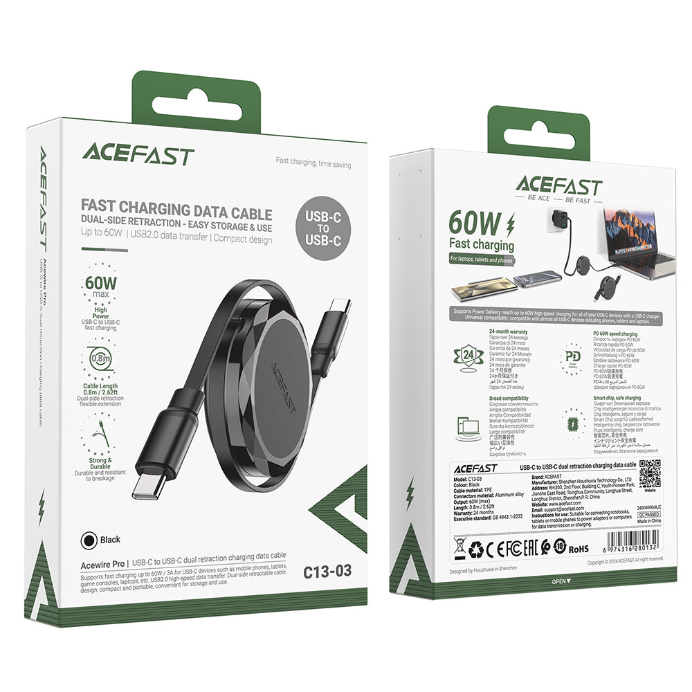 USB-C - USB-C Acefast C13-03 Data- ja Latauskaapeli, 60W, 0.8m, Musta