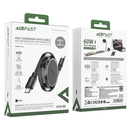 USB-C - USB-C Acefast C13-03 Data- ja Latauskaapeli, 60W, 0.8m, Musta