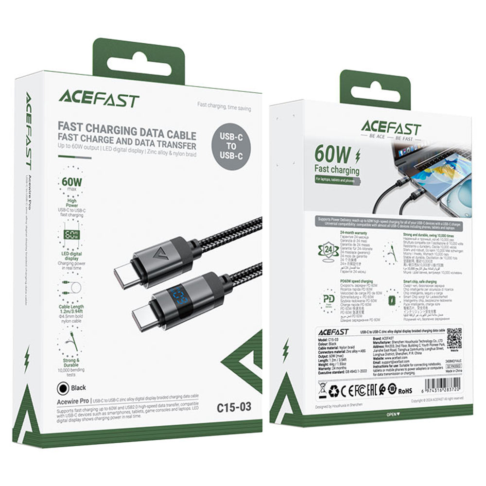 USB-C - USB-C Acefast C15-03 Display -data- ja latauskaapeli, 60W, 1.2m, Musta
