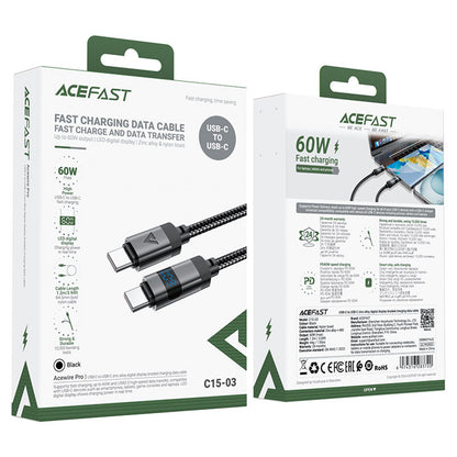 USB-C - USB-C Acefast C15-03 Display -data- ja latauskaapeli, 60W, 1.2m, Musta