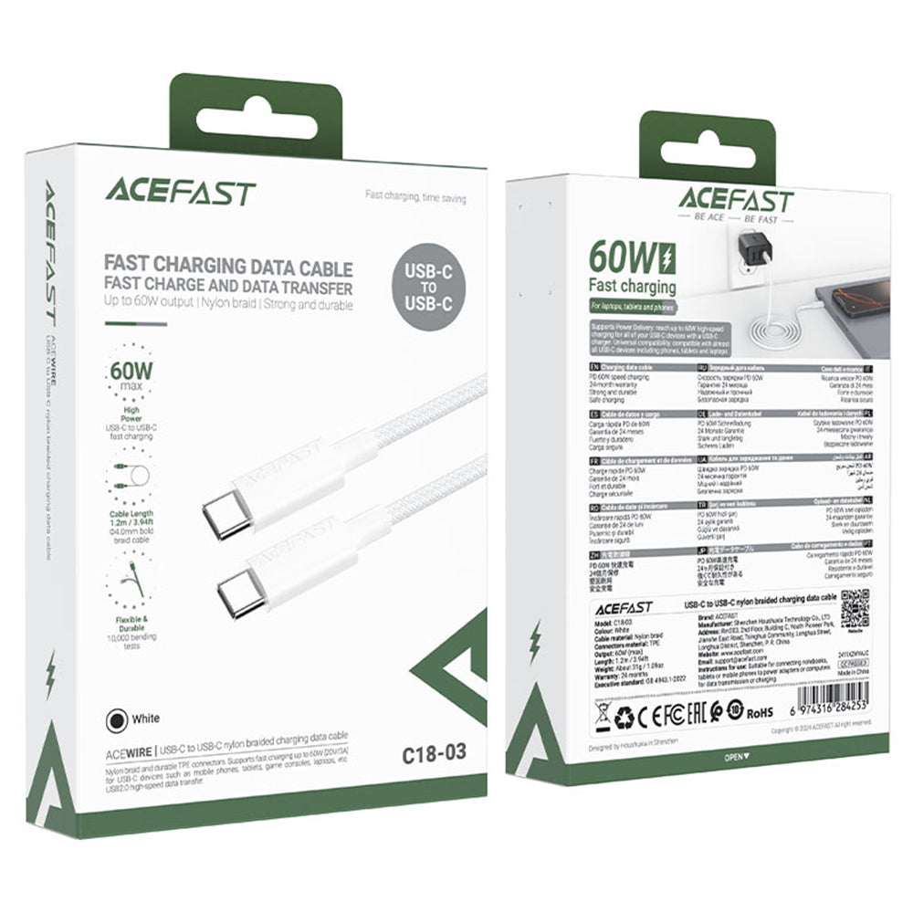 USB-C - USB-C Acefast C18-03 -data- ja latauskaapeli, 60W, 1.2m, Valkoinen