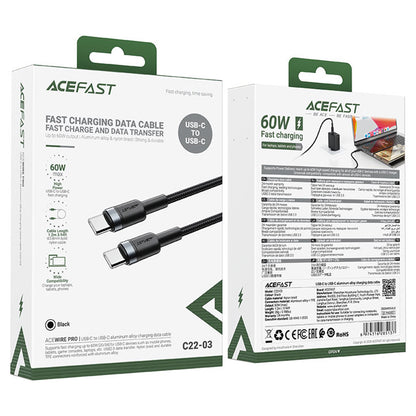 USB-C - USB-C Acefast C22-03 data- ja latauskaapeli, 60W, 1.2m, Musta