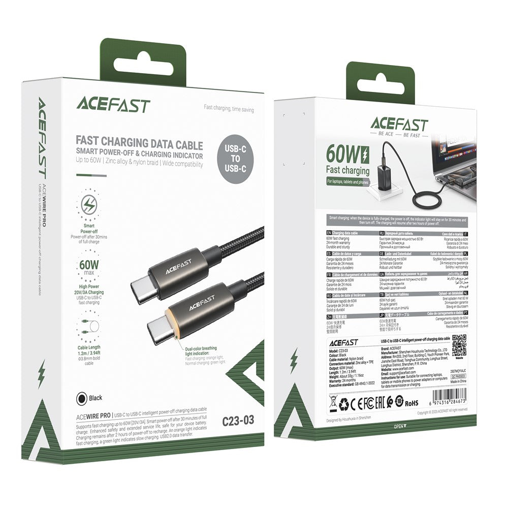 USB-C - USB-C Acefast C23-03 -data- ja latauskaapeli, 60W, 1.2m, Musta
