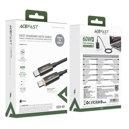 USB-C - USB-C Acefast C23-03 -data- ja latauskaapeli, 60W, 1.2m, Musta