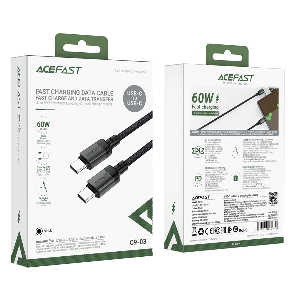 USB-C - USB-C Acefast C9-03 -data- ja latauskaapeli, 60W, 1.2m, Musta