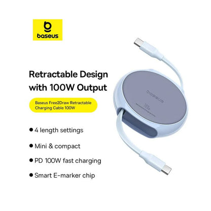 USB-C - USB-C Baseus Pathfinder Retractable -data- ja latauskaapeli, 100W, 1m, Sininen P10368400311-00