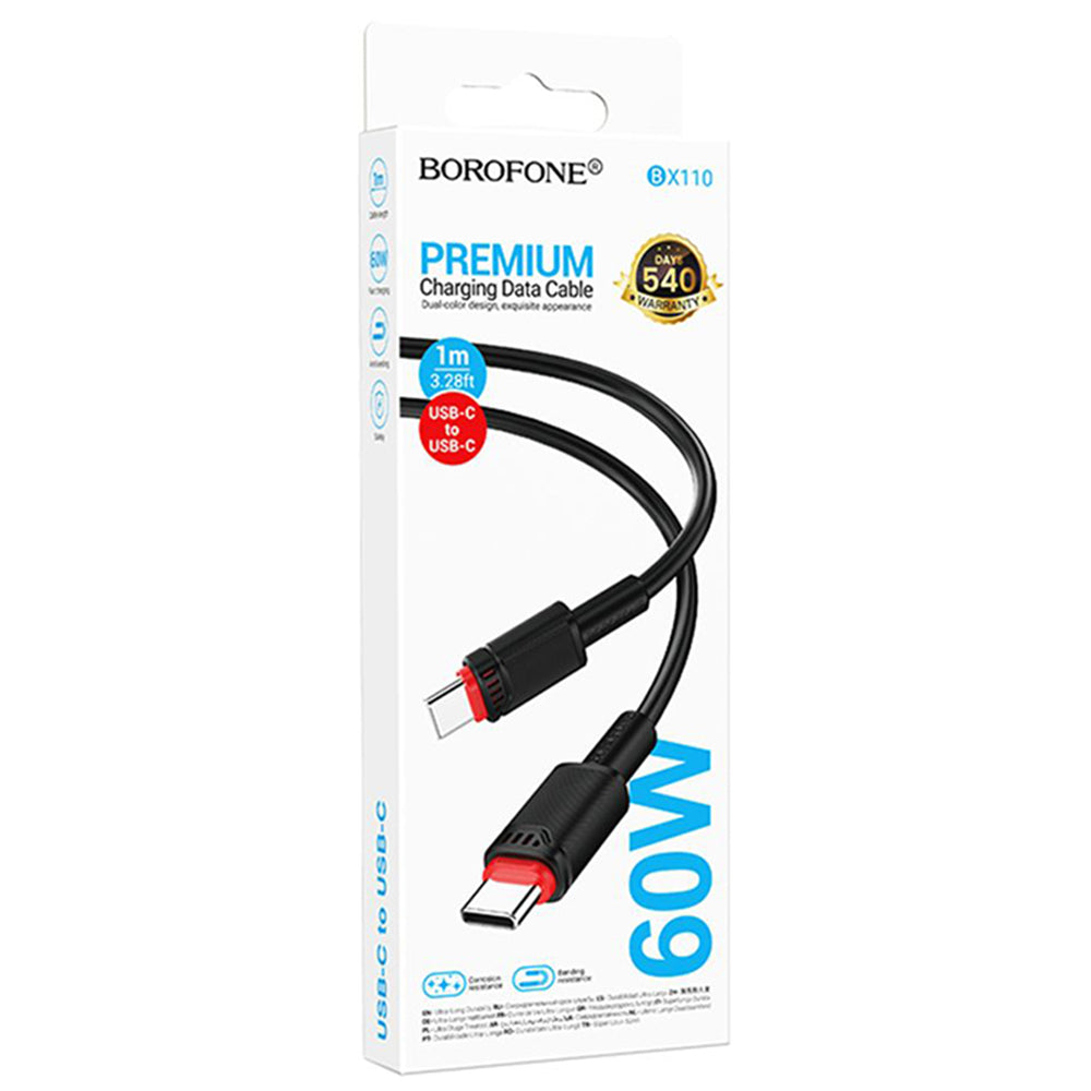 USB-C - USB-C -data- ja latauskaapeli Borofone BX110 Beneficio, 60W, 1m, Musta