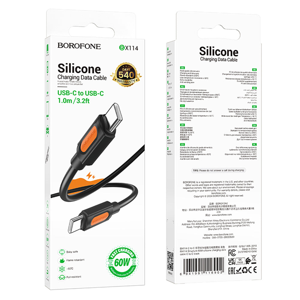 USB-C - USB-C Borofone BX114 Silikoni, 60W, 1m, Musta