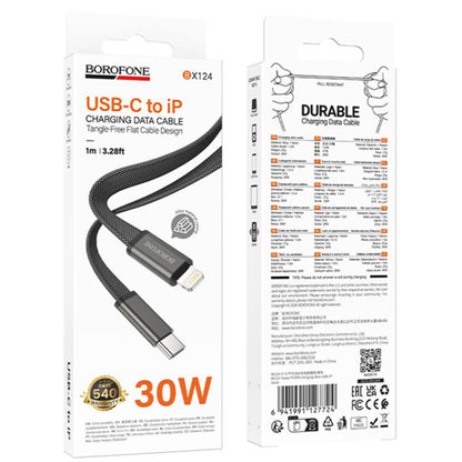 USB-C - USB-C Borofone BX124 Peace Tietojen siirto- ja latauskaapeli, 30W, 1m, Musta