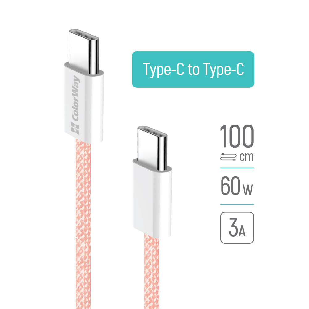 USB-C - USB-C -data- ja latauskaapeli ColorWay CW-CBPDCC061, 60W, 1m, Pinkki
