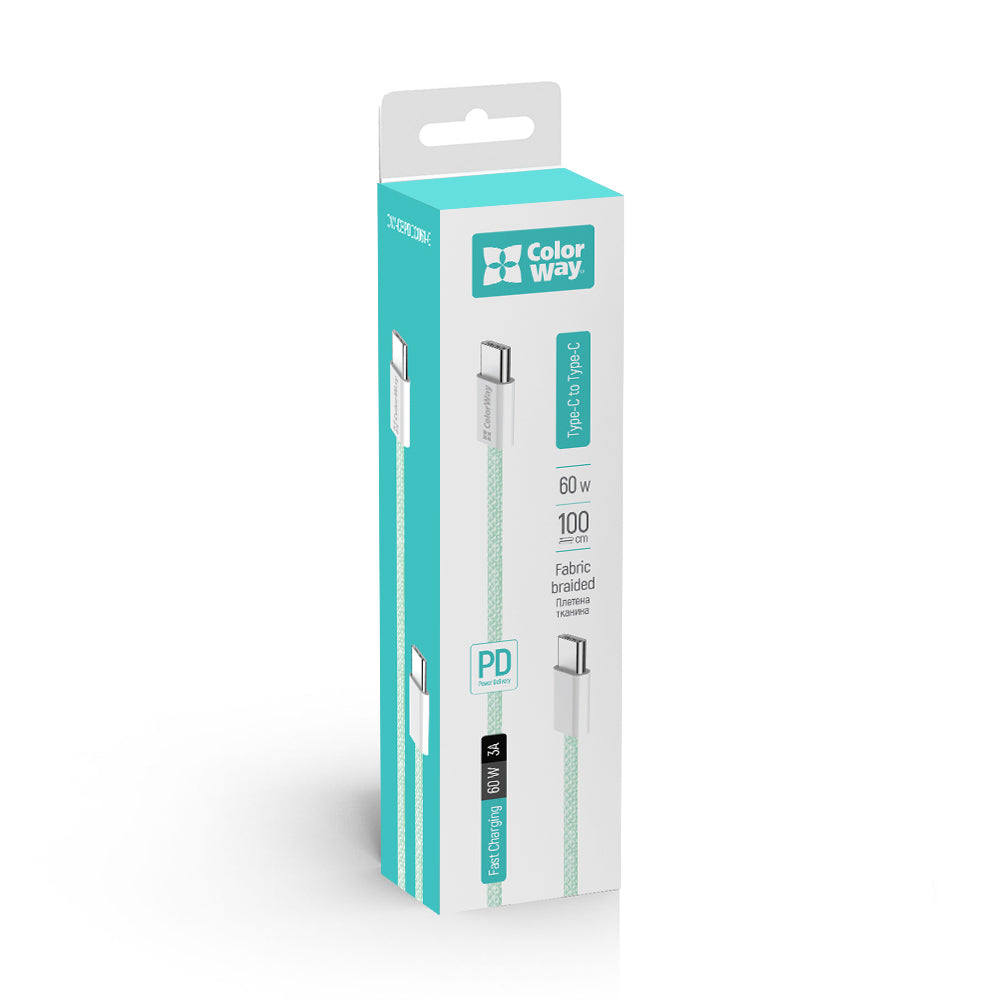 USB-C - USB-C -data- ja latauskaapeli ColorWay CW-CBPDCC061, 60W, 1m, Vihreä