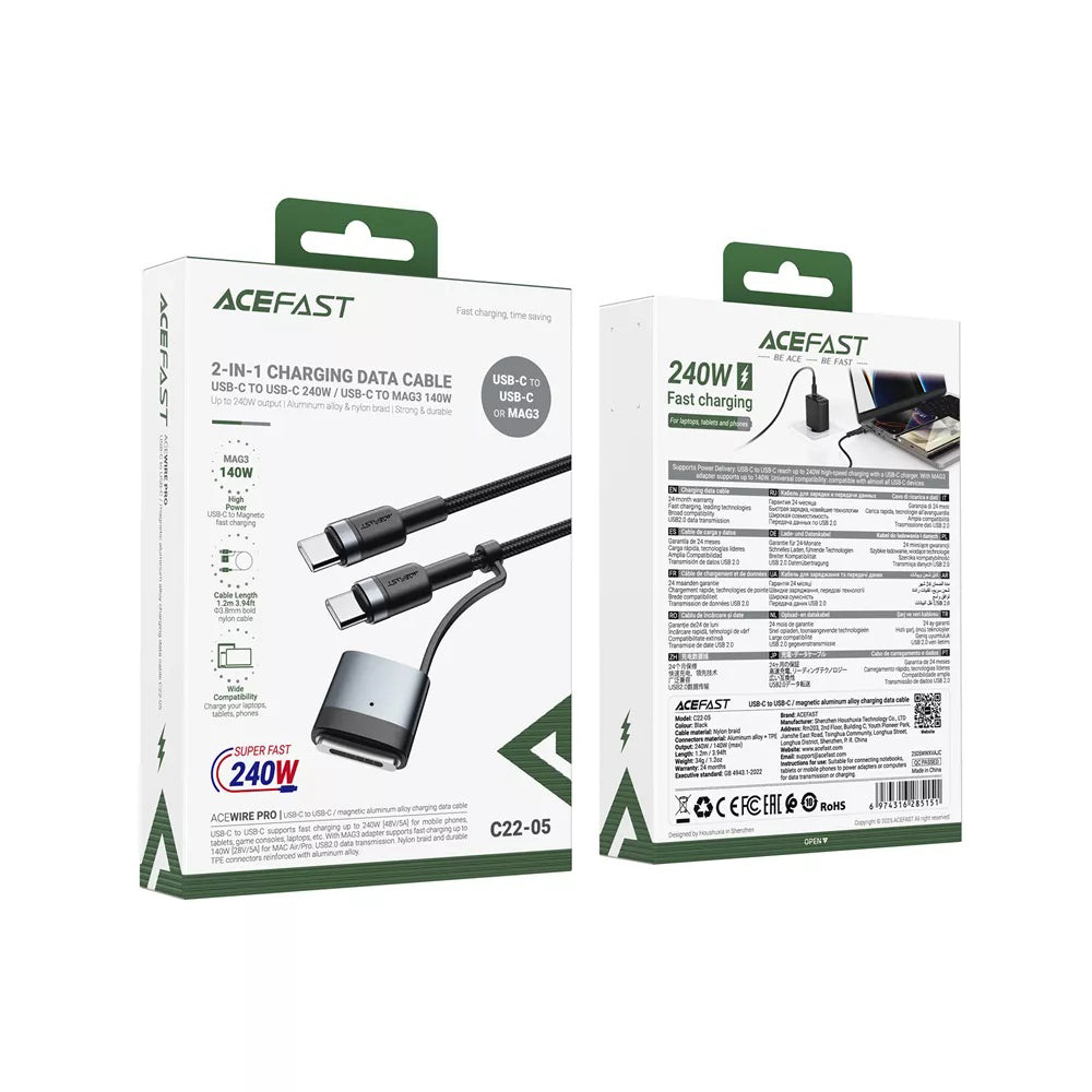 Acefast latauskaapeli, USB-C - USB-C / MagSafe 3, 240W, 1.2m, Musta