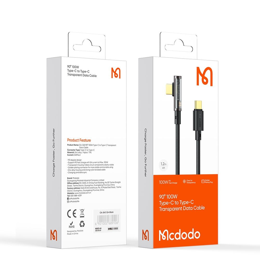 USB-C - USB-C McDodo CA-3400 Angled -data- ja latauskaapeli, 100W, 1.2m, Musta