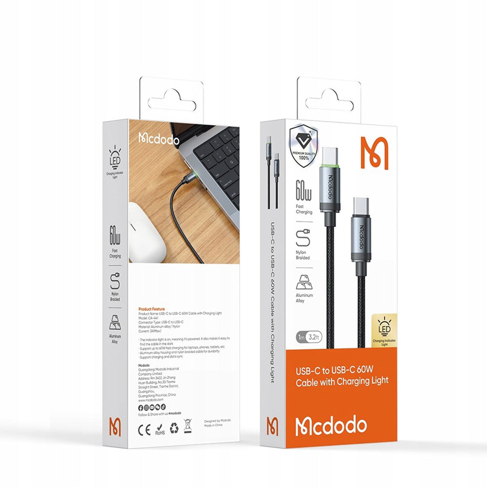 USB-C - USB-C McDodo CA-4410 Data- ja Latauskaapeli, 60W, 1m, Musta