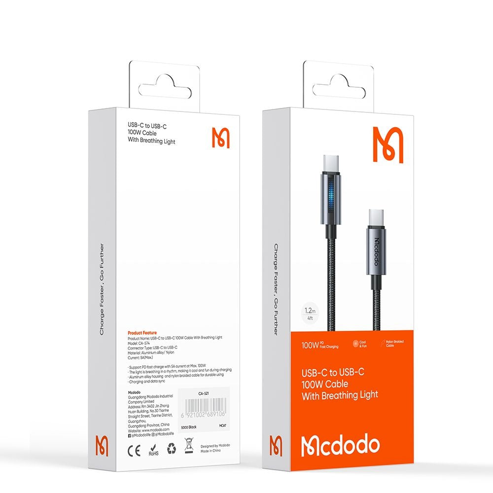 USB-C - USB-C McDodo CA-5740 Data- ja Latauskaapeli, 100W, 1.2m, Musta