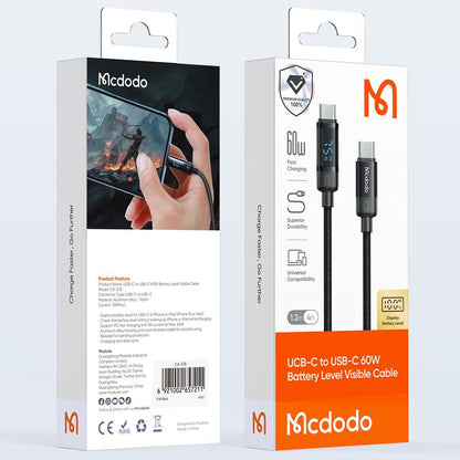 USB-C - USB-C McDodo CA-5780 Bat Display -data- ja latauskaapeli, 60W, 1.2m, Musta