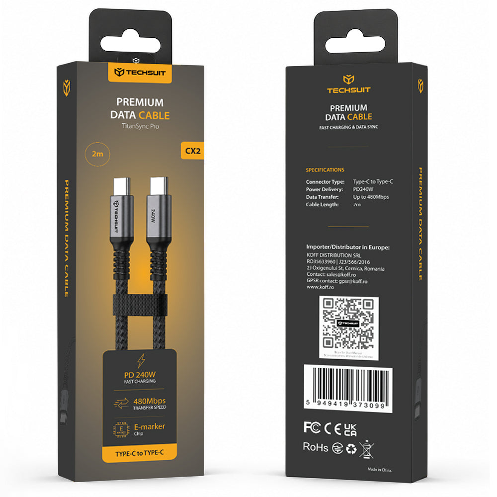 USB-C-tietojen ja latauksen kaapeli - USB-C Techsuit TitanSync Pro CX2, 240W, 2m, Harmaa