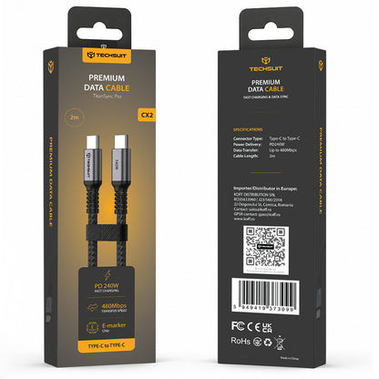 USB-C-tietojen ja latauksen kaapeli - USB-C Techsuit TitanSync Pro CX2, 240W, 2m, Harmaa