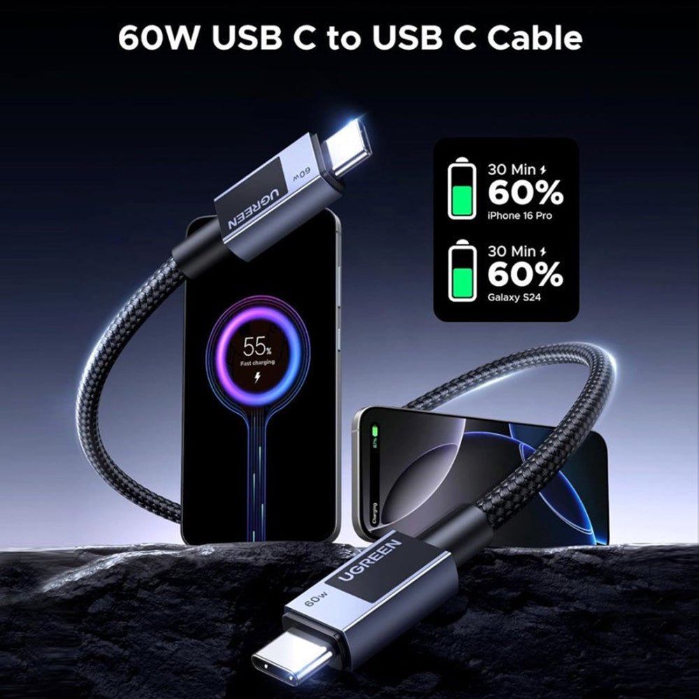 USB-C - USB-C UGREEN L524 -data- ja latauskaapeli, 60W, 1m, Harmaa