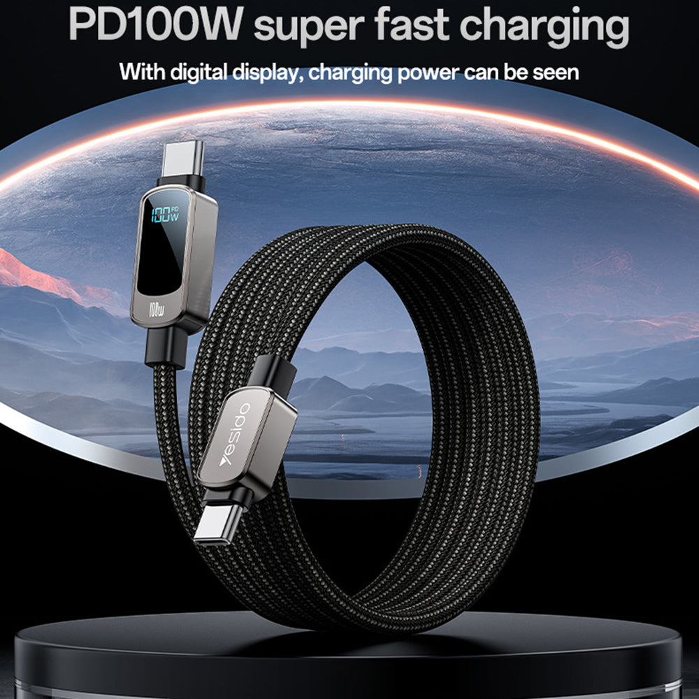USB-C - USB-C Yesido CA179 Display -data- ja latauskaapeli, 100W, 1.2m, Musta