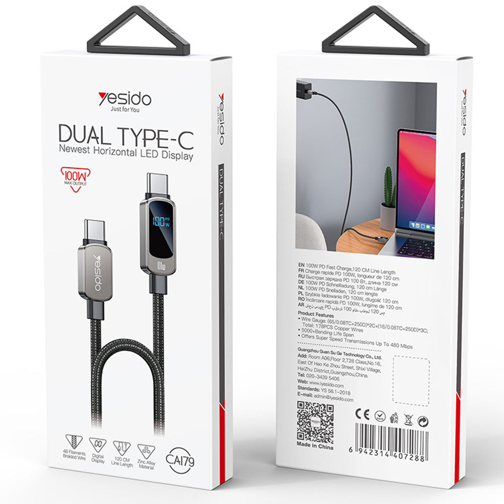 USB-C - USB-C Yesido CA179 Display -data- ja latauskaapeli, 100W, 1.2m, Musta