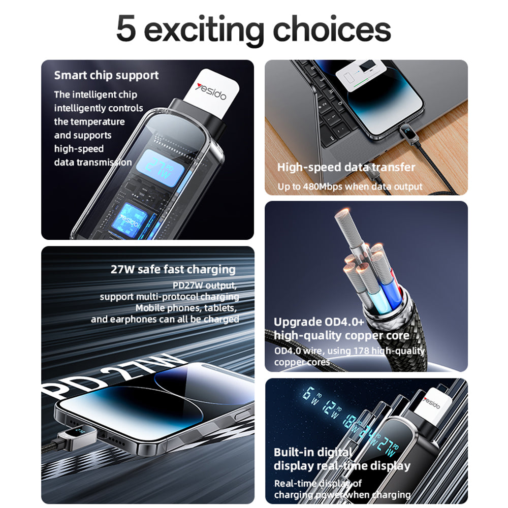 USB-C - USB-C Yesido CA180 Display -data- ja latauskaapeli, 27W, 1.2m, Musta