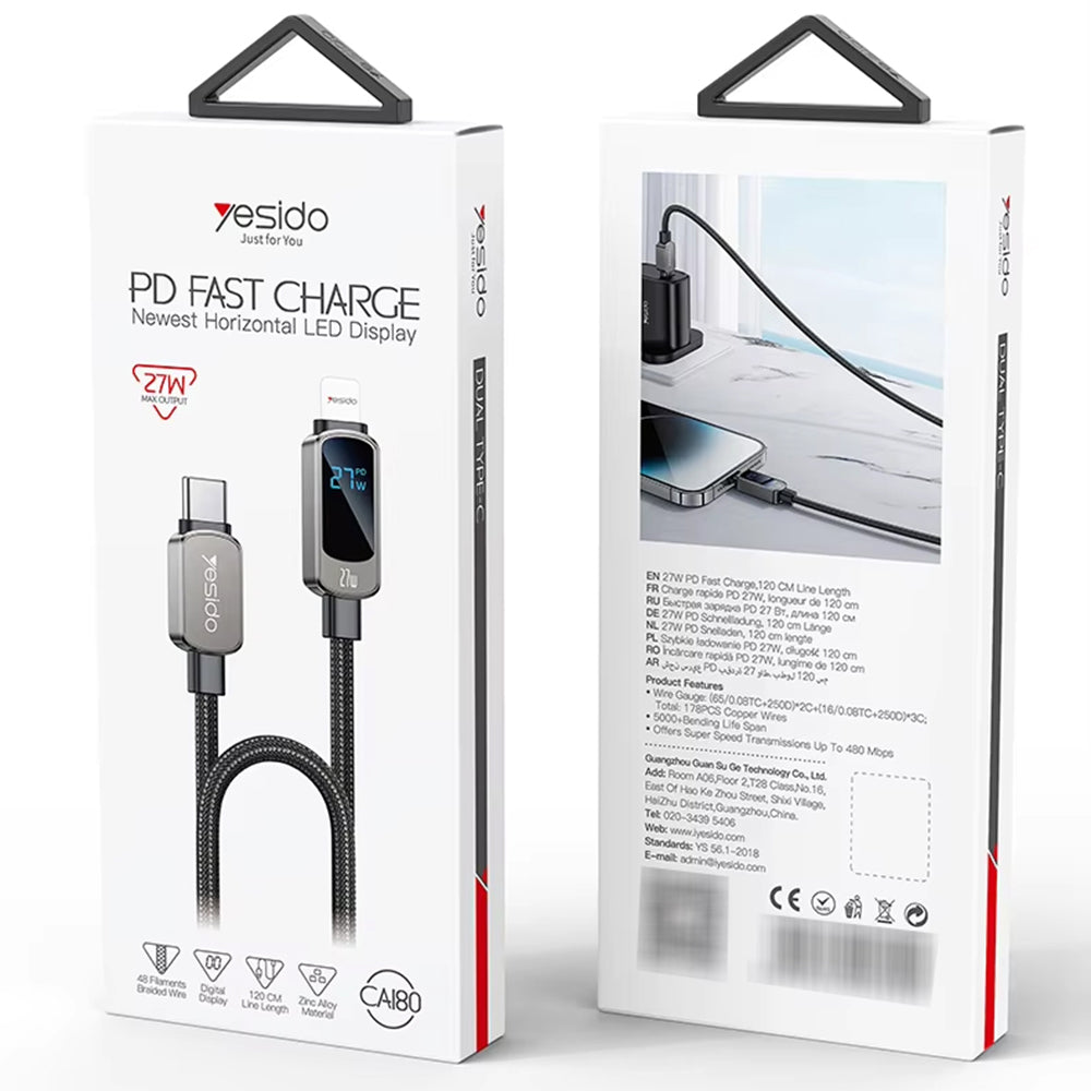 USB-C - USB-C Yesido CA180 Display -data- ja latauskaapeli, 27W, 1.2m, Musta