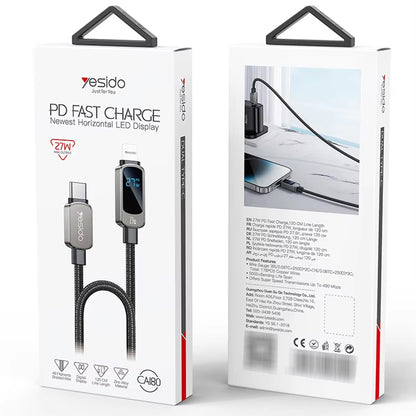 USB-C - USB-C Yesido CA180 Display -data- ja latauskaapeli, 27W, 1.2m, Musta