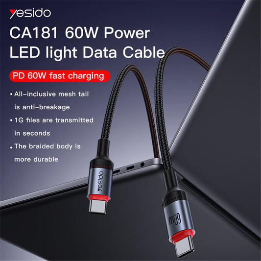 USB-C - USB-C Yesido CA181 -data- ja latauskaapeli, 60W, 1.2m, Musta