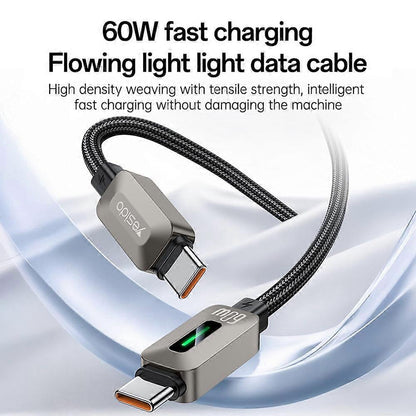 USB-C - USB-C Yesido CA198 Tietojen si latauksen kaapeli, 60W, 1,2m, Musta