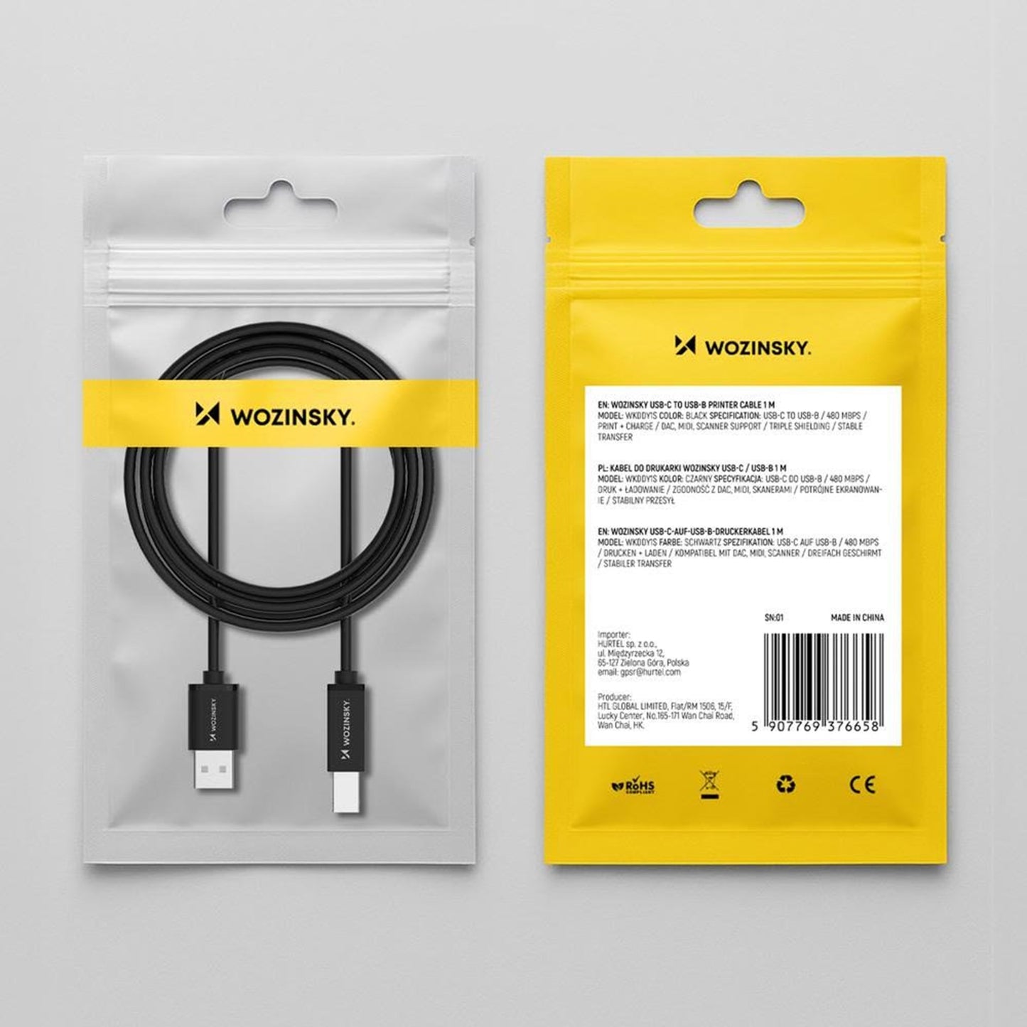 WZK WKDDY3S Tulostinkaapeli, USB-A - USB-B, 2m, Musta