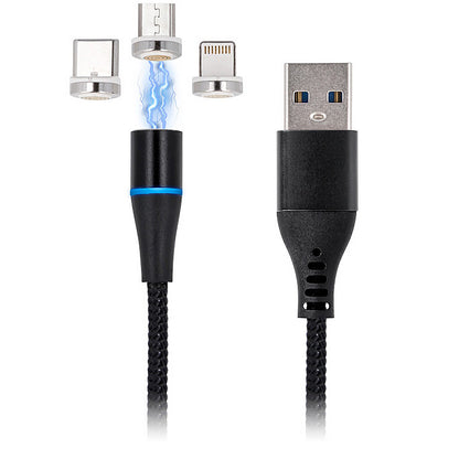USB-A-latauskaapeli - Lightning / microUSB / USB-C MaXlife MXUC-02 Magneettinen 3in1, 18W, 1m, Musta
