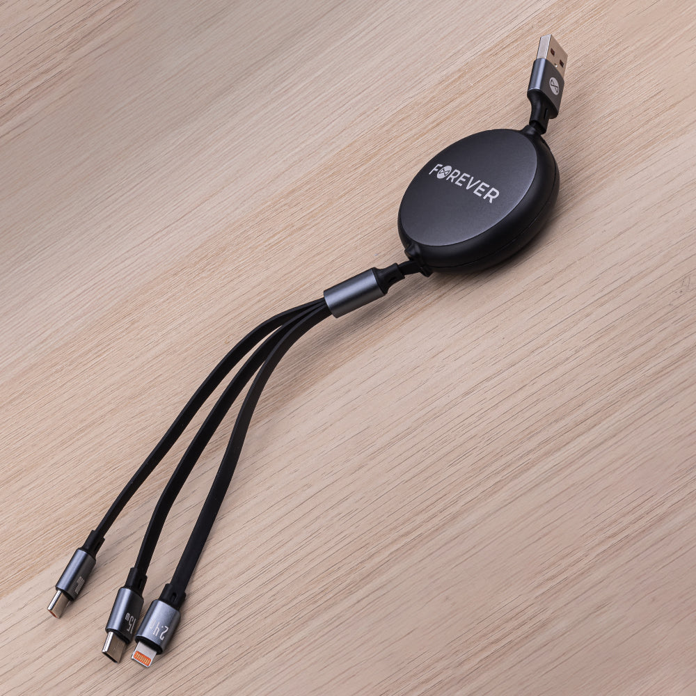 Forever 3in1 USB-A - Lightning / 2 x USB-C Forever 3in1 latauskaapeli, 100W, 1.2m, musta