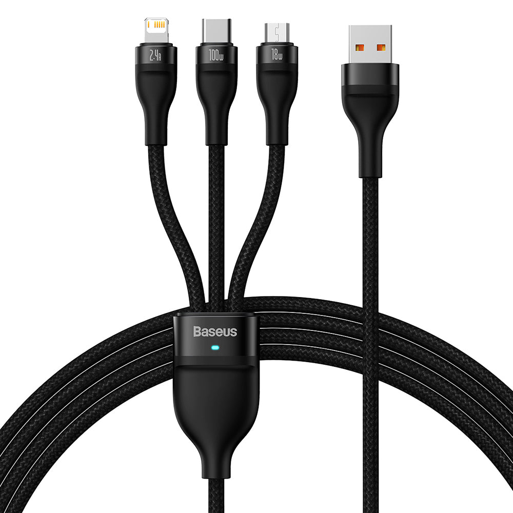 USB-A - Lightning / microUSB / USB-C Baseus Flash Series II 3in1 -latauskaapeli, 100W, 1.2m, Musta CASS030001