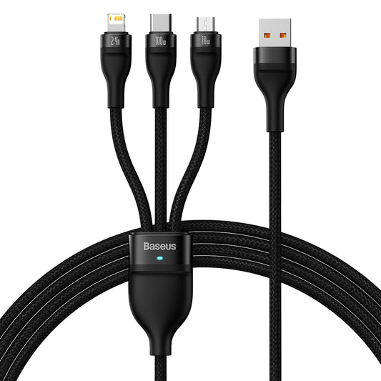 USB-A - Lightning / microUSB / USB-C Baseus Flash Series II 3in1 -latauskaapeli, 100W, 1.2m, Musta CASS030001