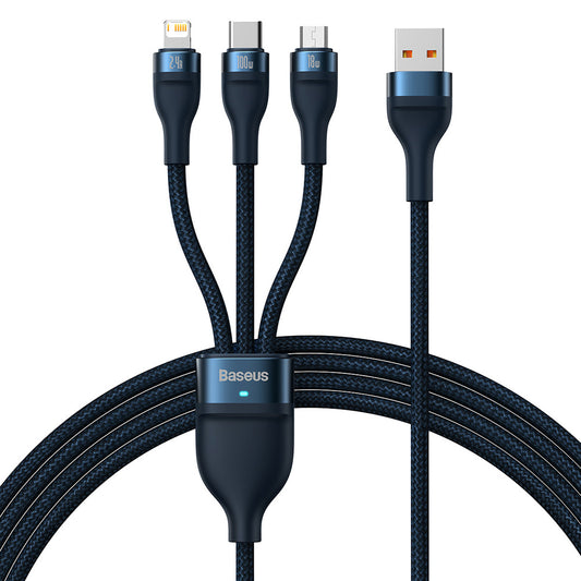 USB-A - Lightning / microUSB / USB-C Baseus Flash Series II 3in1 -latauskaapeli, 66W, 1.2m, Sininen CASS040003