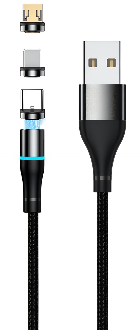 USB-A - Lightning / microUSB / USB-C Setty Magnetic 3in1 -latauskaapeli, 10W, 1m, Musta