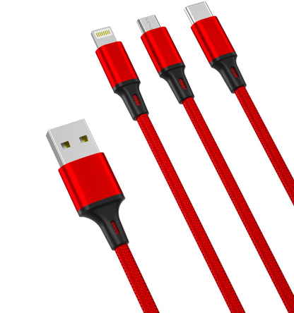 USB-A - Lightning / microUSB / USB-C -latauskaapeli XO Design NB173 3in1, 18W, 1.2m, Punainen