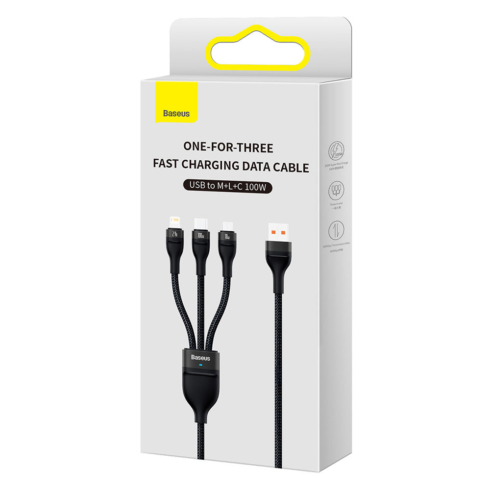 USB-A - Lightning / microUSB / USB-C Baseus Flash Series II 3in1 -latauskaapeli, 100W, 1.2m, Musta CASS030001