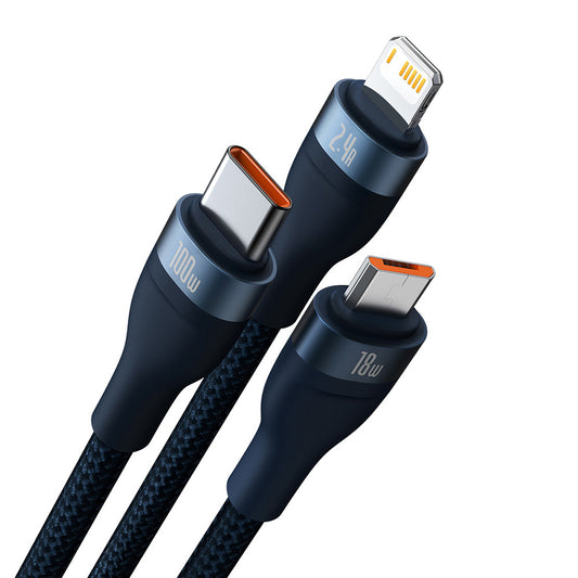 USB-A - Lightning / microUSB / USB-C Baseus Flash Series II 3in1 -latauskaapeli, 100W, 1.2m, Sininen CASS030003