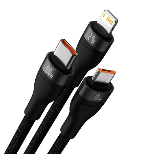 USB-A - Lightning / microUSB / USB-C Baseus Flash Series II 3in1 -latauskaapeli, 100W, 1.2m, Musta CASS030001