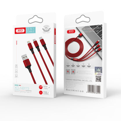 USB-A - Lightning / microUSB / USB-C -latauskaapeli XO Design NB173 3in1, 18W, 1.2m, Punainen
