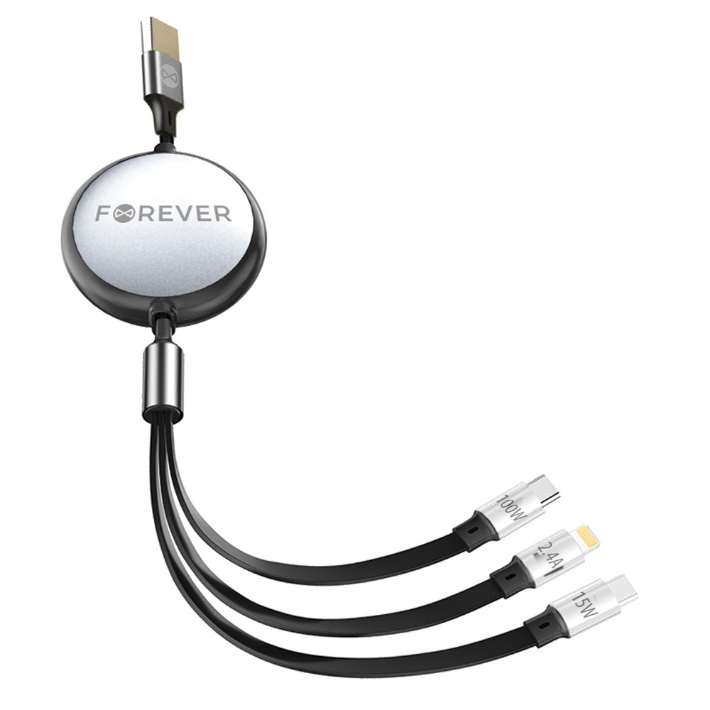 Forever 3in1 USB-A - Lightning / 2 x USB-C Forever 3in1 latauskaapeli, 100W, 1.2m, musta