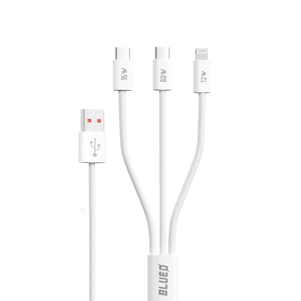 USB-A - Lightning / 2 x USB-C Blueo -latauskaapeli, 75W, 1.2m, Valkoinen